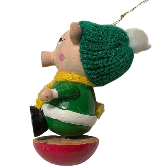 Vintage Wooden Pig Christmas Ornament Knit Hat Scarf Sled Kitsch Piglet Piggy 3" - Picture 5 of 8